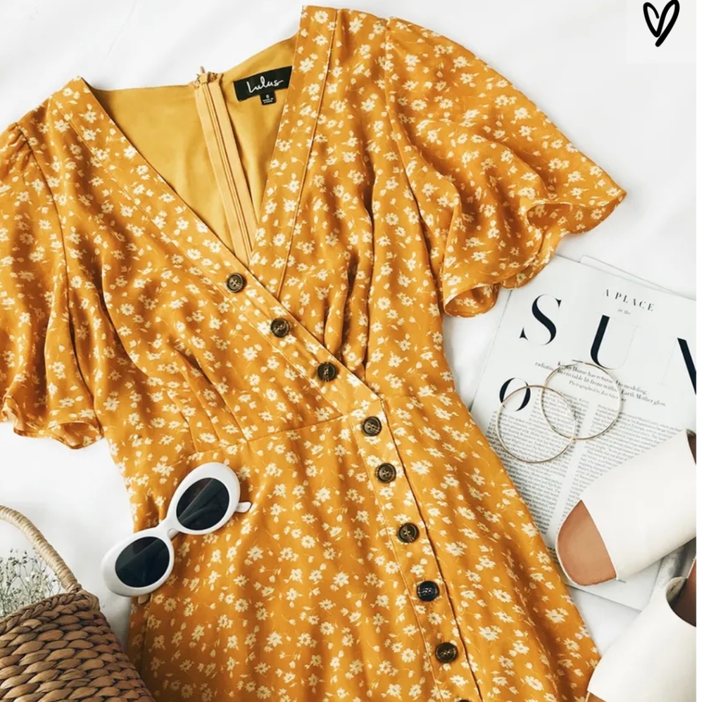 After-Bloom Delight Golden Yellow Floral Print Mid